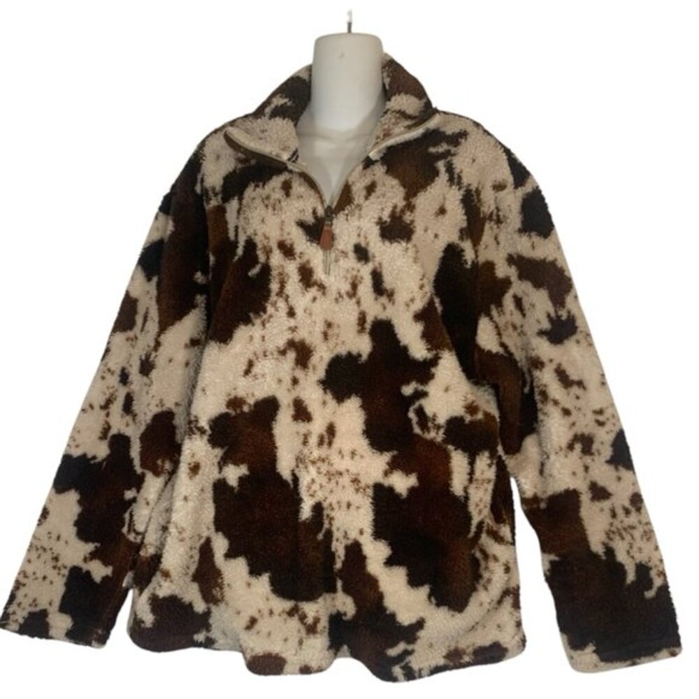 Brown Cow Print Sherpa Quarter Zip Pockets Ladies Sz XL Jacket